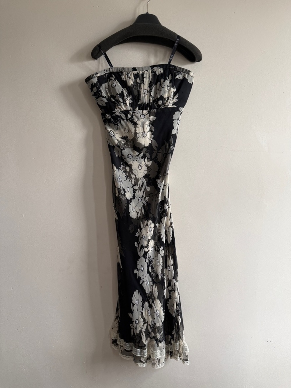Nicole Miller Black and Ivory Floral Strapless Maxi Dress